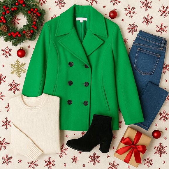 New York & Company Wool Blend Coat XL Green Double Breasted Winter Peacoat - Picture 2 of 7